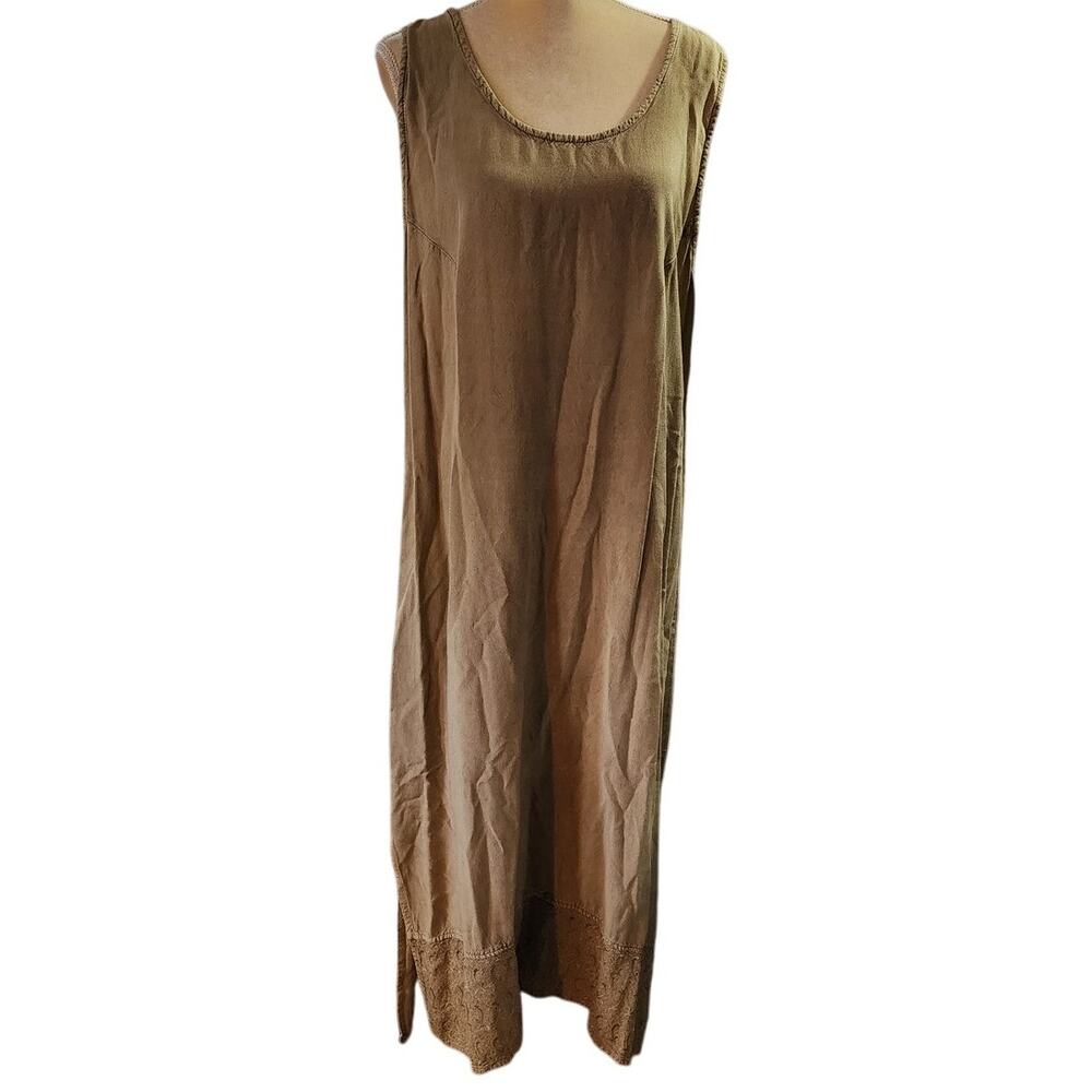 Sleeveless Tan Maxi Embroidered Bottom Lagenlook Prairie Dress Side Slits